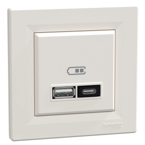 Schneider Electric Asfora - EPH2700523 - dupla USB töltő, A+C, 21W, kerettel, bézs
