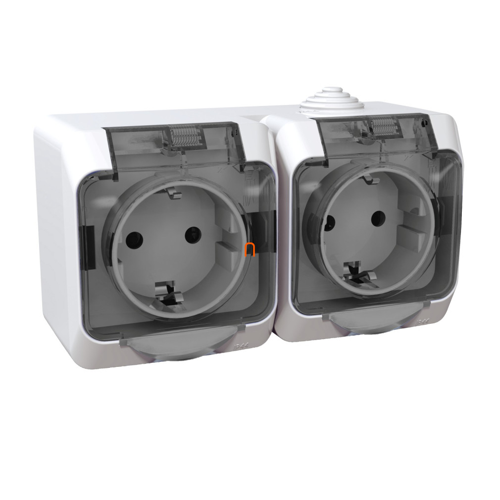CEDAR PLUS 2x2P+F csatlakozóaljzat, gyermekvédelemmel, átlátszó szürke csapófedéllel, IP44, fehér WDE000526 Schneider