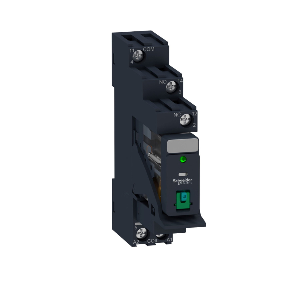 RXG Interfész relé foglalattal, 1CO, 10A, 24VDC, tesztgomb, LED RXG12BDPV Schneider