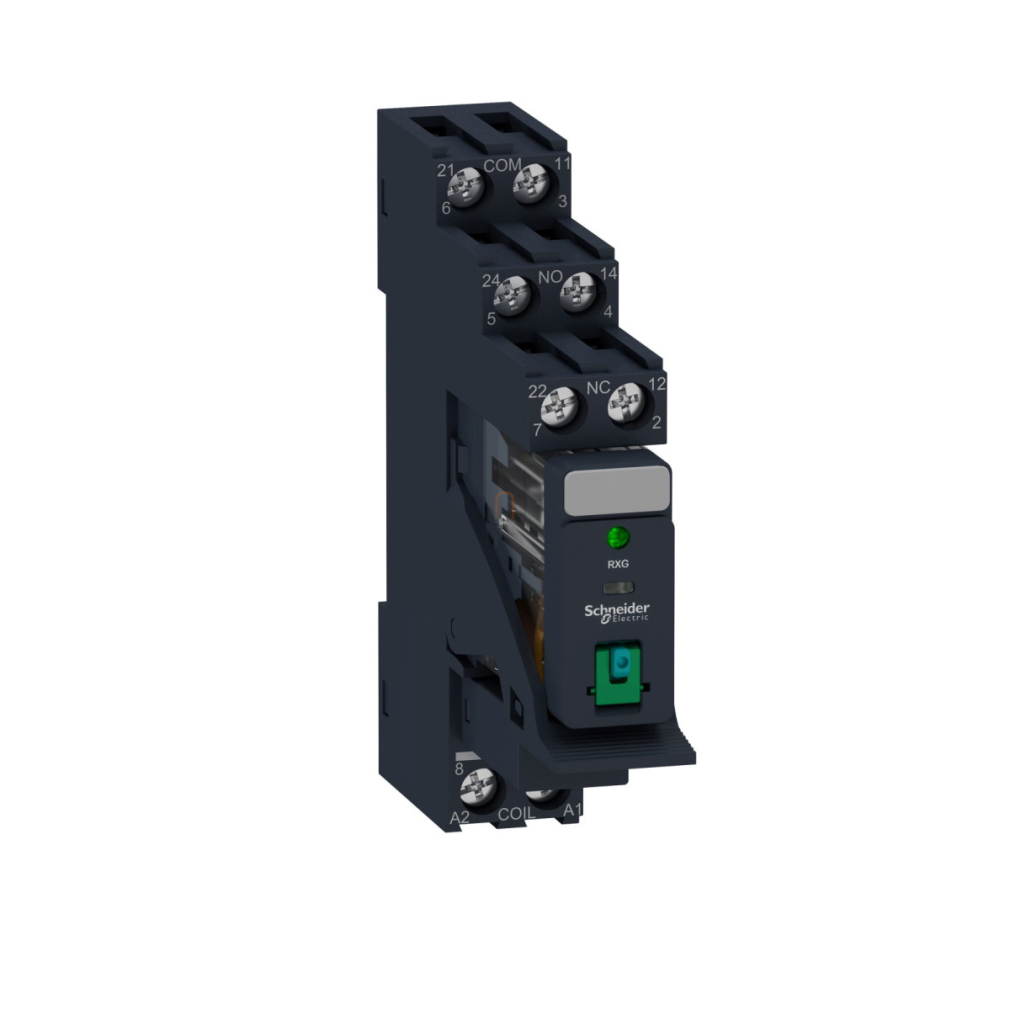 RXG Interfész relé foglalattal, 2CO, 5A, 24VDC, tesztgomb, LED RXG22BDPV Schneider