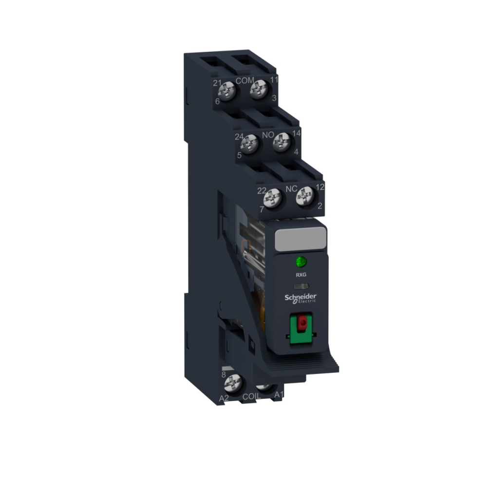 RXG Interfész relé foglalattal, 2CO, 5A, 230VAC, tesztgomb, LED RXG22P7PV Schneider