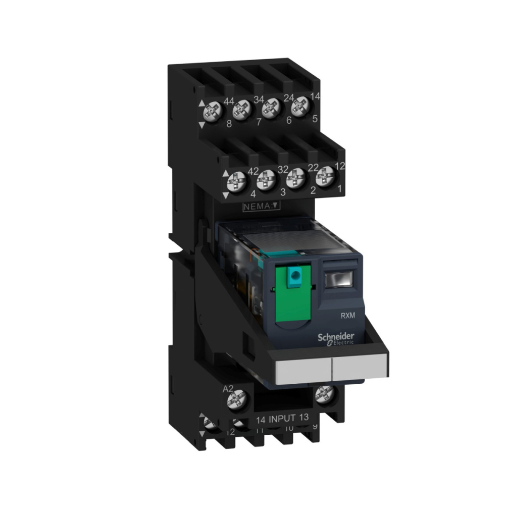 RXM4AB2BDPVM Zelio RXM miniatűr relé, 4CO, 6A, 24VDC, tesztgomb, LED, vegyes elrendezésű Schneider