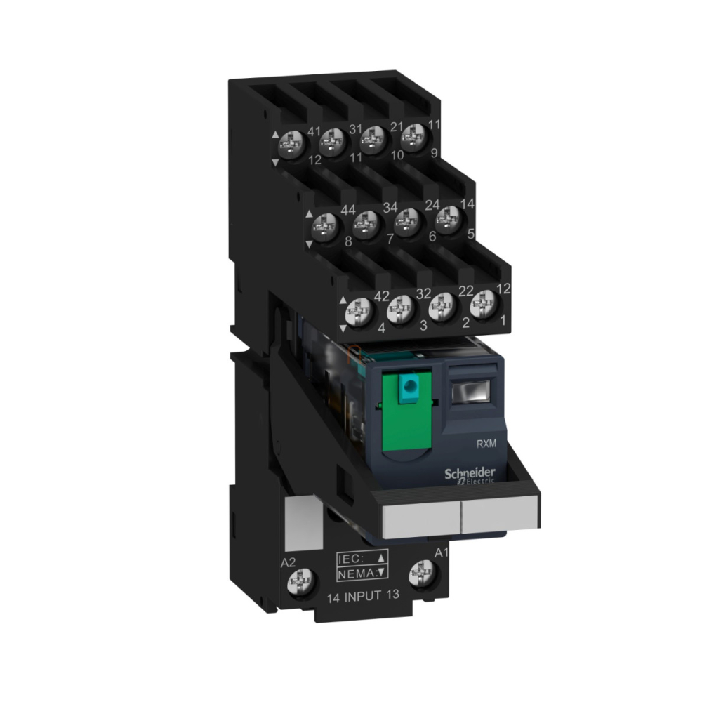 RXM4AB1BDPVS Zelio RXM miniatűr relé, 4CO, 6A, 24VDC, tesztgomb, elválasztott elrendezésű Schneider