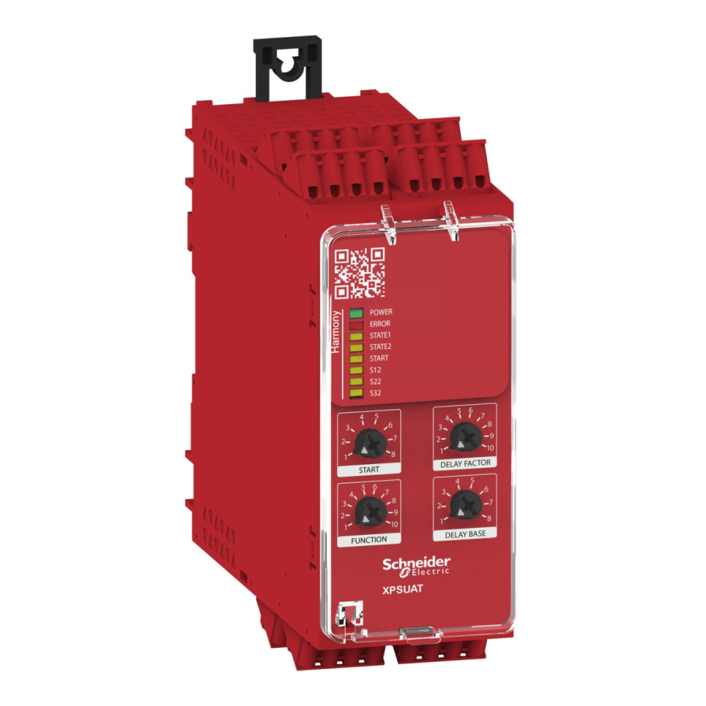 Preventa biztonsági relé modul XPSUAK+ 1 késleltetett kimenet Cat4 be/ki:2/3CO PNP 24VAC/DC rugós XPSUAT13A3AC Schneider
