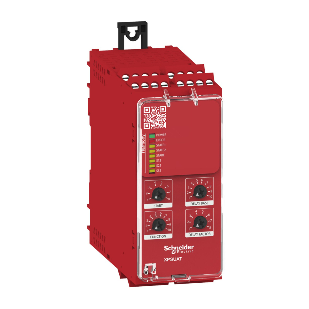 Preventa biztonsági relé modul XPSUAK+ 1 késleltetett kimenet Cat4 be/ki:2/3CO PNP 24VAC/DC csavaros XPSUAT13A3AP Schneider