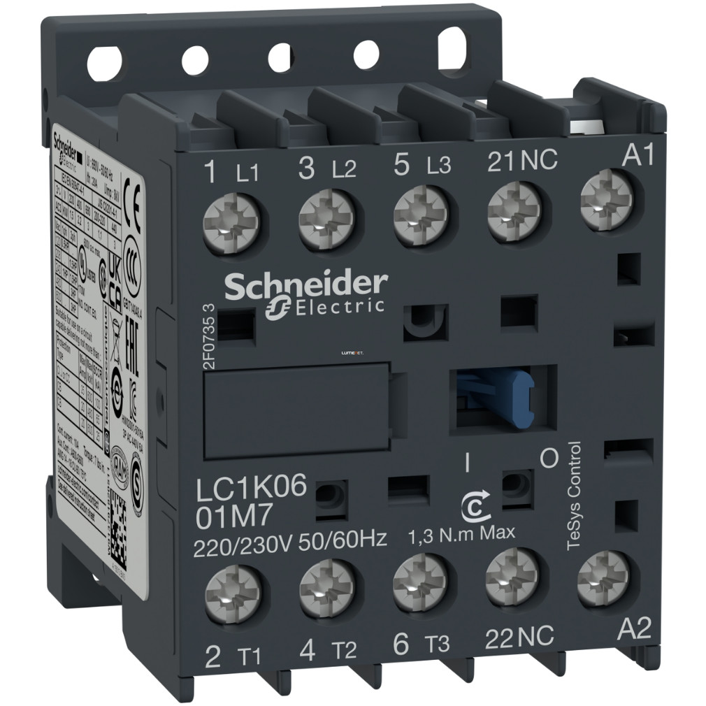 Schneider TeSys AC mágneskapcsoló 6A, AC, 230VAC tekercsfeszültség, 50Hz  (LC1K0601P5)