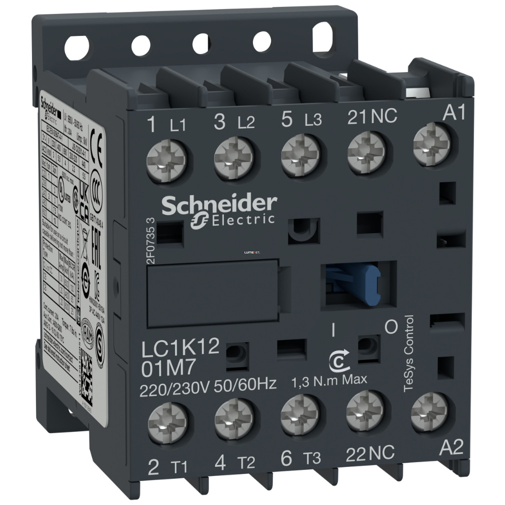 Schneider TeSys AC mágneskapcsoló 12A, AC, 230VAC tekercsfeszültség, 50Hz  (LC1K1201P5)