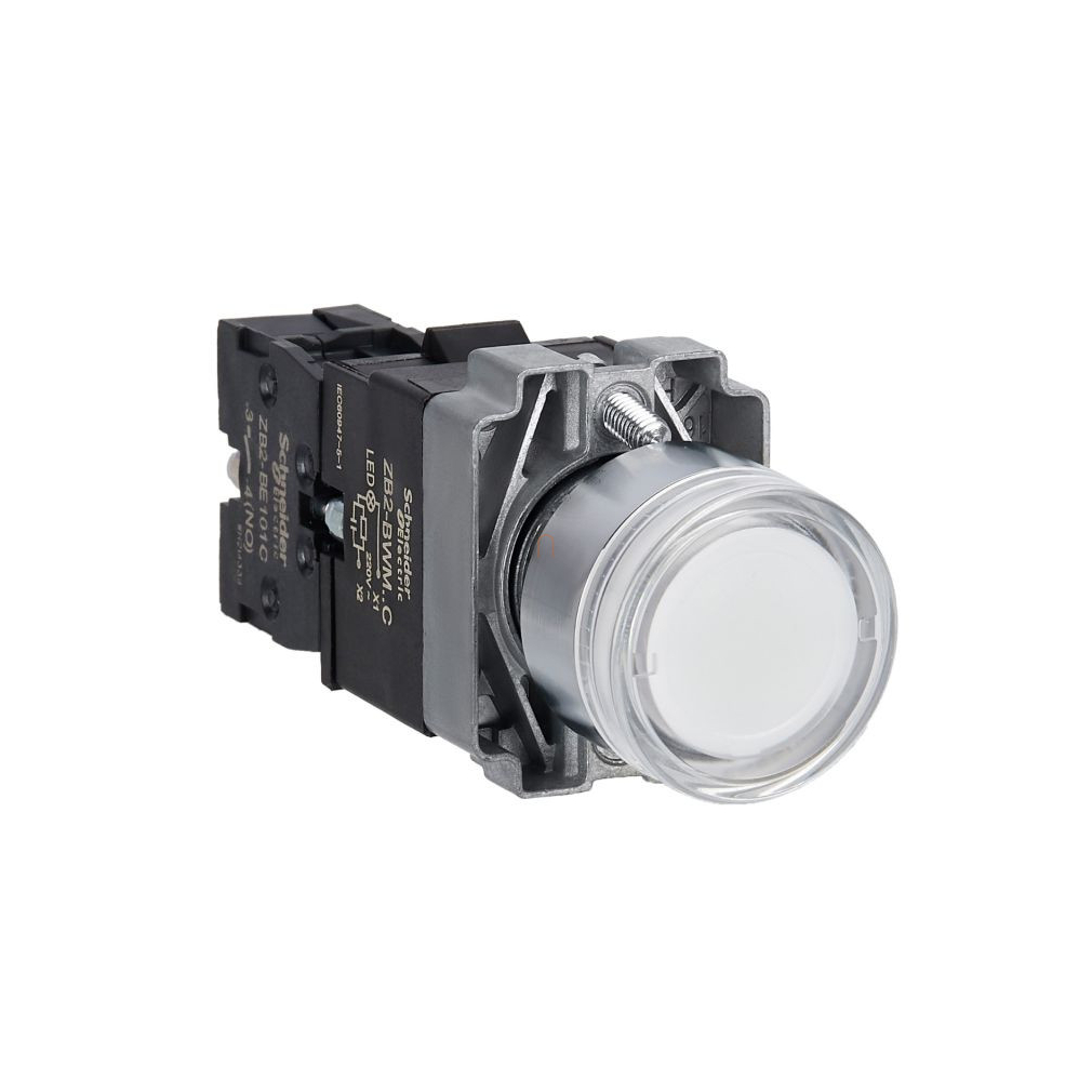 Easy Harmony XB2, Világító nyomógomb, fehér, AC 220V, fém, panelbe süllyesztett, 22mm, visszatérő XB2BW31M1C Schneider