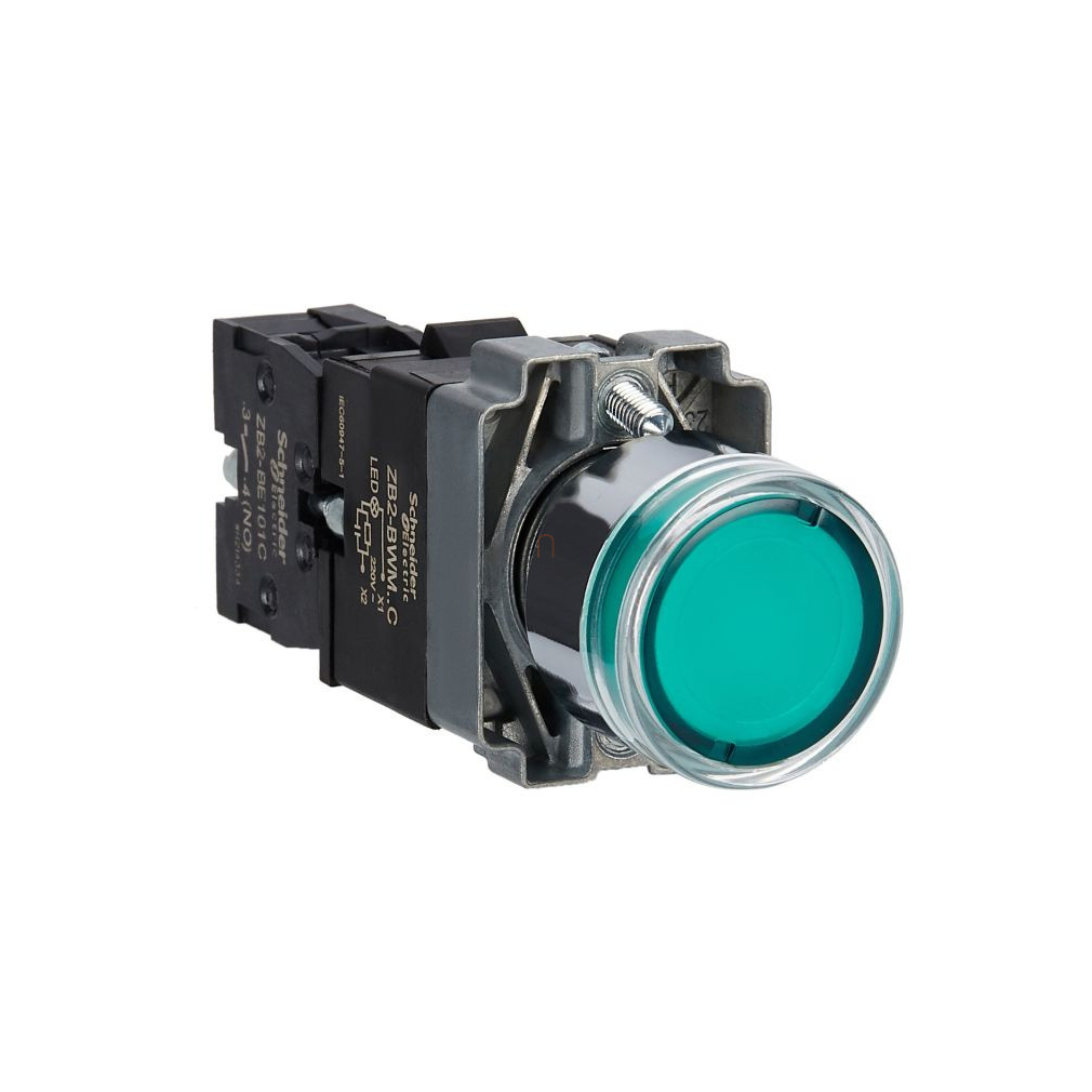 Easy Harmony XB2, Világító nyomógomb, zöld, AC 220V, fém, panelbe süllyesztett, 22mm, visszatérő XB2BW33M1C Schneider