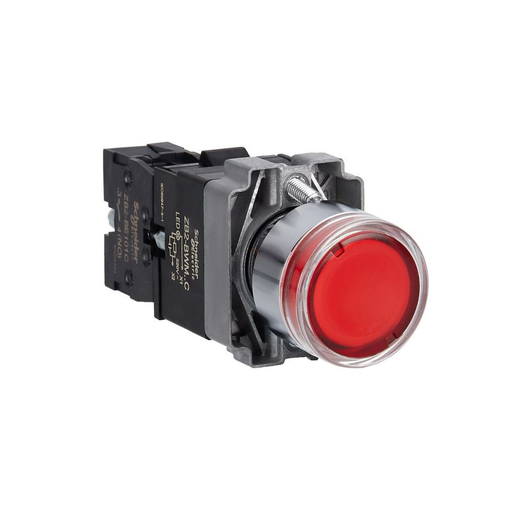 Easy Harmony XB2, Világító nyomógomb, piros, AC 220V, fém, panelbe süllyesztett, 22mm, visszatérő XB2BW34M1C Schneider