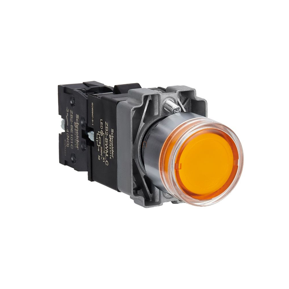 Easy Harmony XB2, Világító nyomógomb, sárga, AC 220V, fém, panelbe süllyesztett, 22mm, visszatérő XB2BW35M1C Schneider