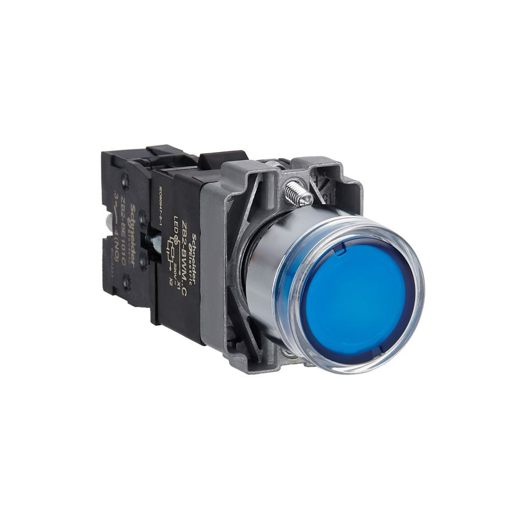 Easy Harmony XB2, Világító nyomógomb, kék, AC 220V, fém, panelbe süllyesztett, 22mm, visszatérő XB2BW36M1C Schneider
