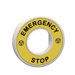 Schneider Electric Harmony XB5 - ZBY9W2B330 - világító felirati körgyűrű vészleállítóhoz, piros, 24VAC/DC, vészleállító logóval, "EMERGENCY STOP"
