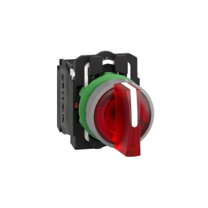 Schneider Electric Harmony XB5 - XB5AK134M5C0 - komplett műanyag LED világító választókapcsoló, Ø22, 3 állású, 230 VAC, 1NO+1NC, piros, szürke körgyűrű