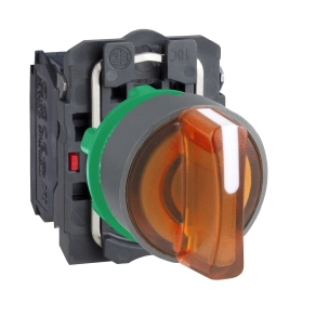 Schneider Electric Harmony XB5 - XB5AK135M5C0 - komplett műanyag LED világító választókapcsoló, Ø22, 3 állású, 230 VAC, 1NO+1NC, narancs, szürke körgyűrű