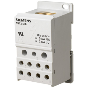   Siemens 5ST2508 elosztóblokk 1P 250A, be: 1x35-120mm2, ki: 2x2,5-25mm2, 5x 2,5-16mm2, 4x 2,5-10mm2