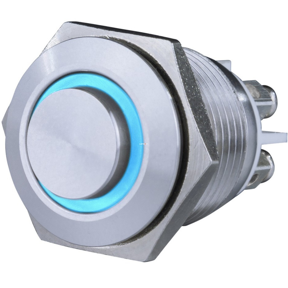 Csengő nyomógomb, beépíthető, fém, kék LED fénnyel 12V, 1.5A 18mm
