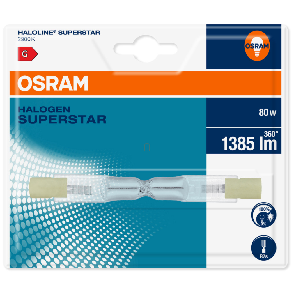 Osram R7s halogén izzó 80W, 1385 lm, 2900 K, melegfehér, 230 V, üveg, bliszteres -64690