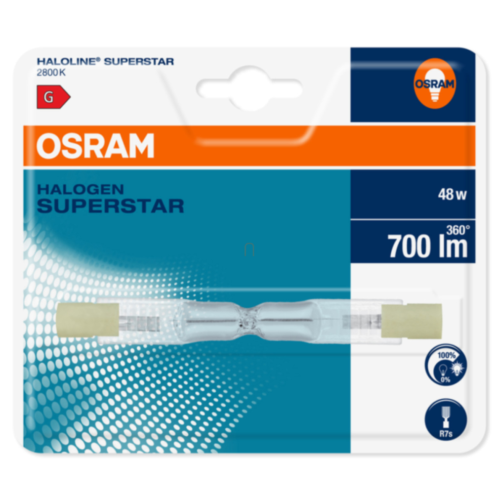 Osram R7s halogén izzó, 48W, 700 lm, 2800 K, melegfehér, 230 V, üveg, 10XBLI1-60 W izzó helyett, bliszteres - 64684