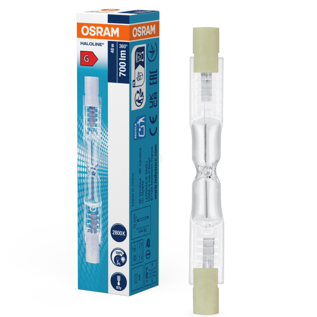 Osram R7s halogén izzó, 48W, 700 lm, 2800 K, melegfehér, 230 V, üveg, 20X1-60 W izzó helyett - 64684