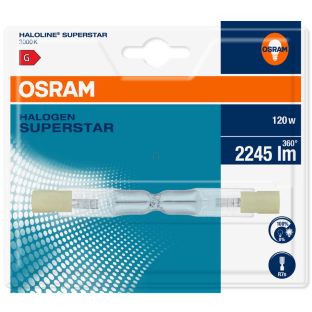 Osram R7s halogén izzó 120W, 2245 lm, 3000 K, melegfehér, 230 V,, üveg, bliszteres -64696