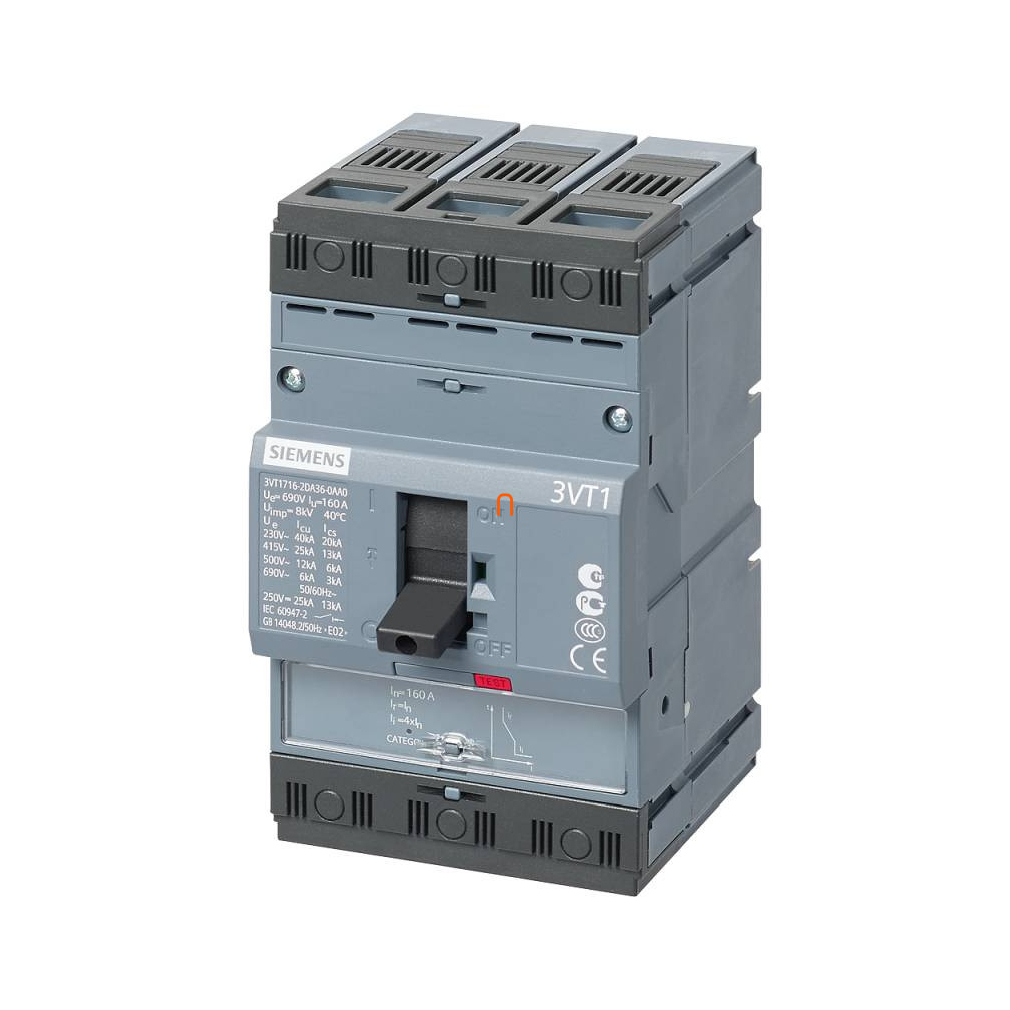 Siemens 3VT1710-2DC36-0AA0 kompakt megszakító, 3P, 80-100A, 25kA, TM, LI, Ii=500-1000A, vonal- és transzformátorvédelemre, csavaros
