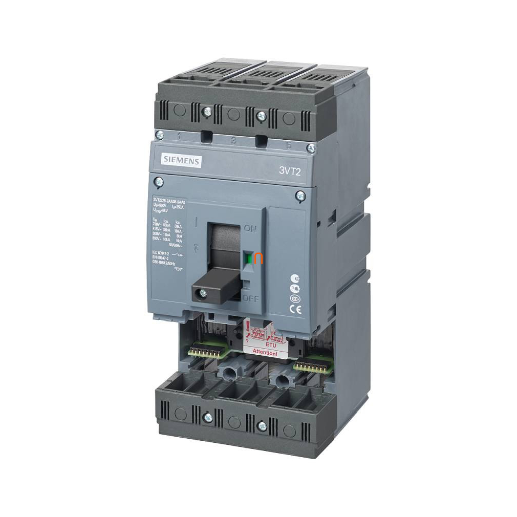 Siemens 3VT2725-2AA36-0AA0 kompakt megszakító, 3P, 250A, 36kA, kioldó nélkül, csavaros