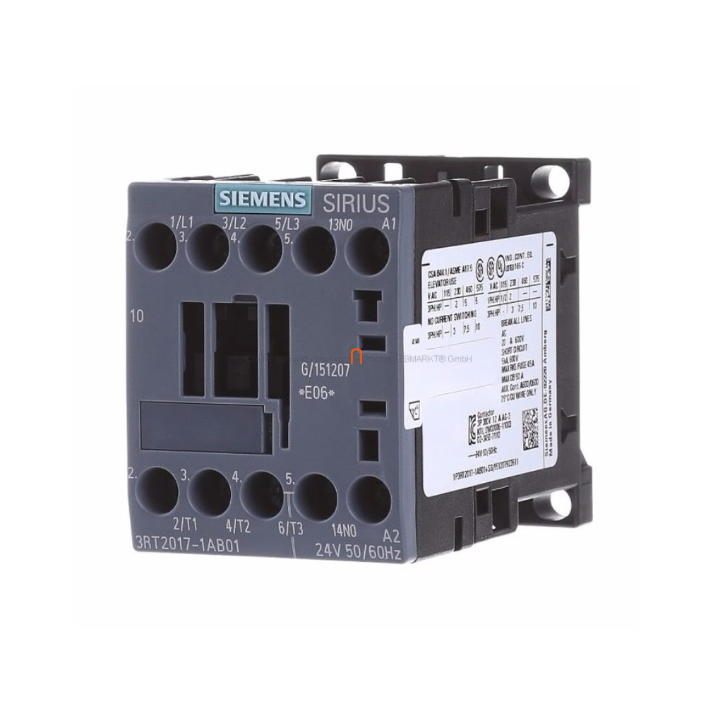 Siemens 3RT2017-1AB01 mágneskapcsoló, 5,5kW/12A, 24VAC, 1NO, S00, csavaros