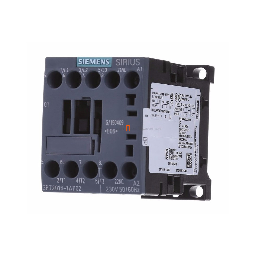 Siemens 3RT2016-1AP02 mágneskapcsoló, 4kW/9A, 230VAC, 1NC, S00, csavaros