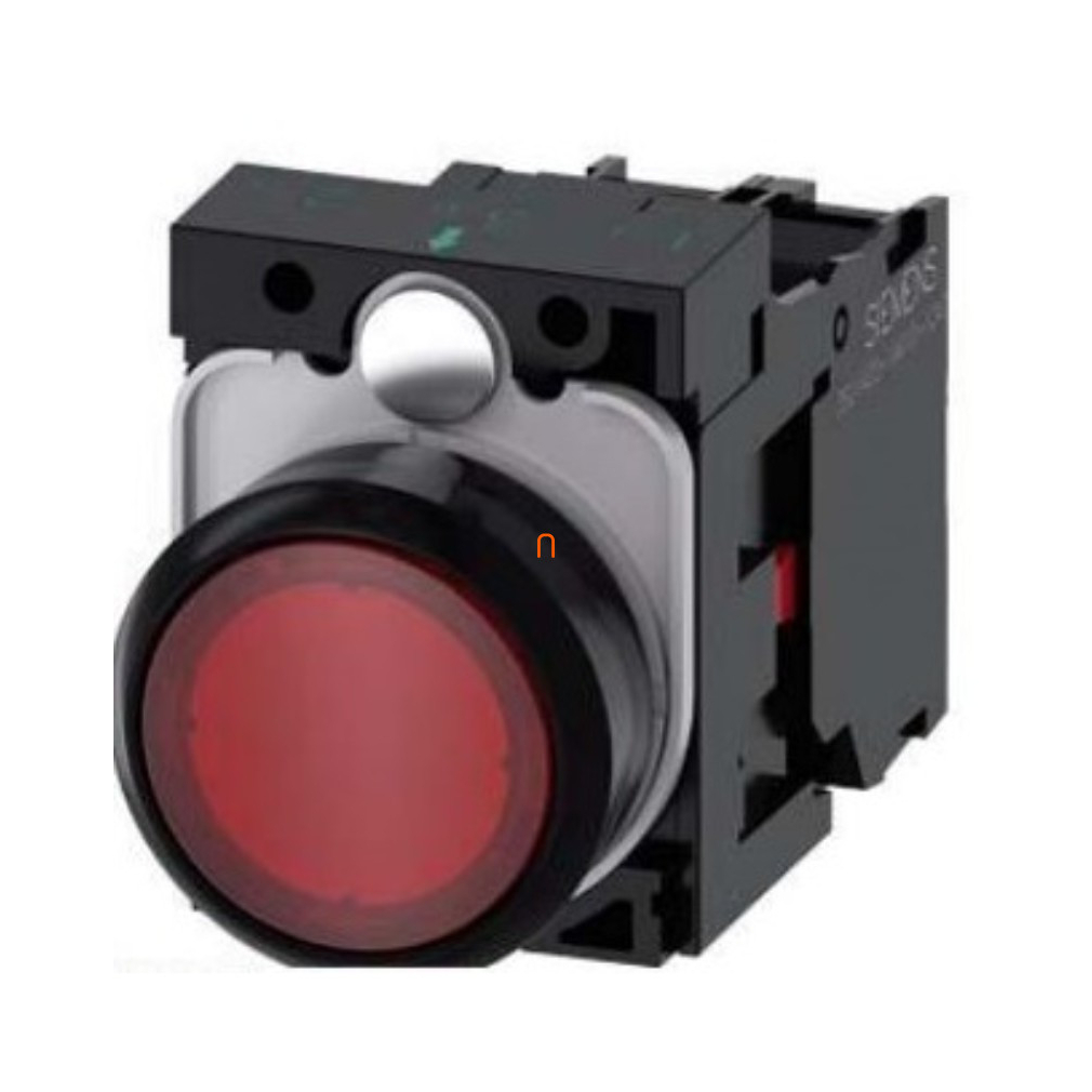 Siemens 3SU1102-0AB20-1CA0 komplett világító nyomógomb, piros, 24VAC/DC, 1NC, csavaros Sirius