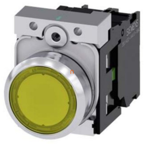   Siemens 3SU1152-0AB30-1BA0 komplett világító nyomógomb, sárga, 24VAC/DC, 1NO, fém, csavaros Sirius