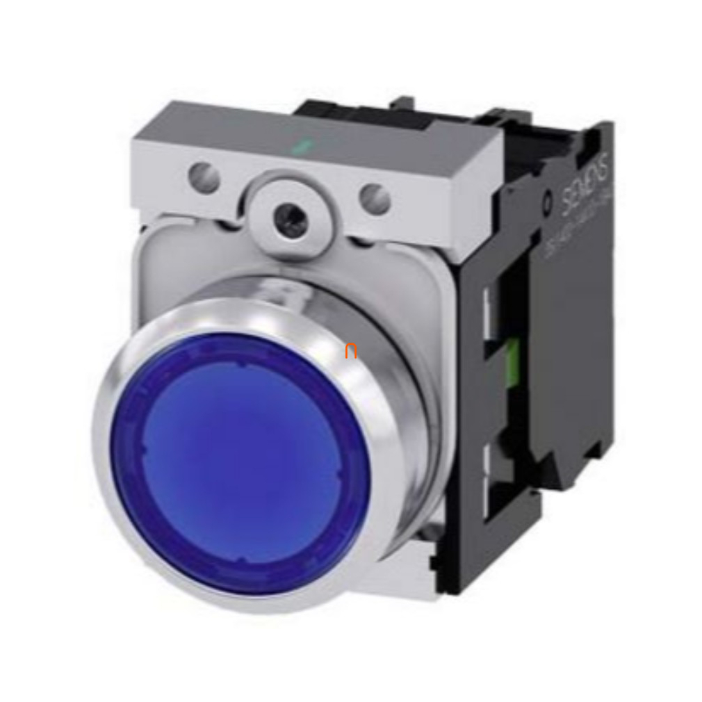Siemens 3SU1152-0AB50-1BA0 komplett világító nyomógomb, kék, 24VAC/DC, 1NO, fém, csavaros Sirius
