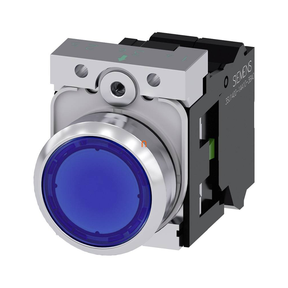 Siemens 3SU1152-0AB50-3BA0 komplett világító nyomógomb, kék, 24VAC/DC, 1NO, fém, rugós Sirius