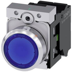   Siemens 3SU1152-0AB50-3BA0 komplett világító nyomógomb, kék, 24VAC/DC, 1NO, fém, rugós Sirius