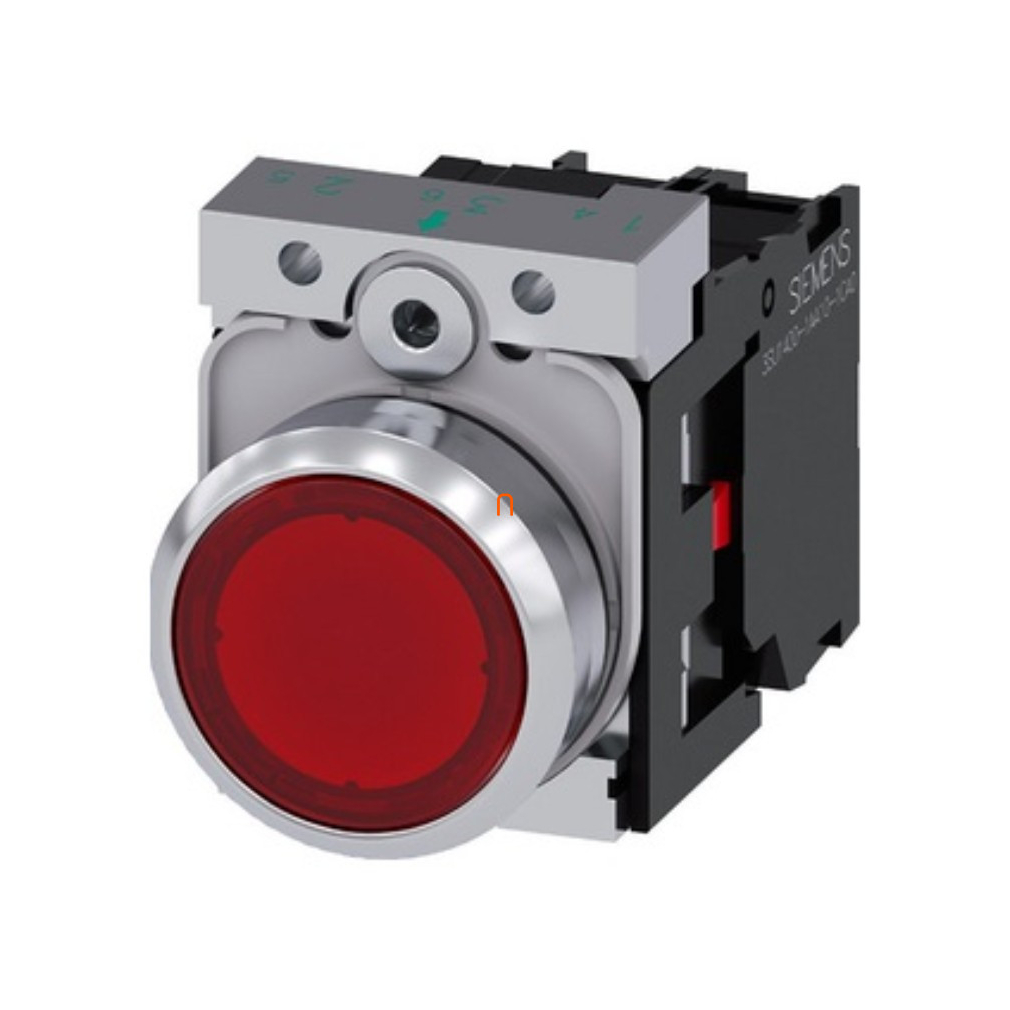 Siemens 3SU1152-0AB20-1CA0 komplett világító nyomógomb, piros, 24VAC/DC, 1NC, fém, csavaros Sirius