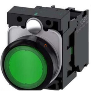   Siemens 3SU1106-0AB40-1BA0 komplett világító nyomógomb, zöld, 230VAC, 1NO, csavaros Sirius