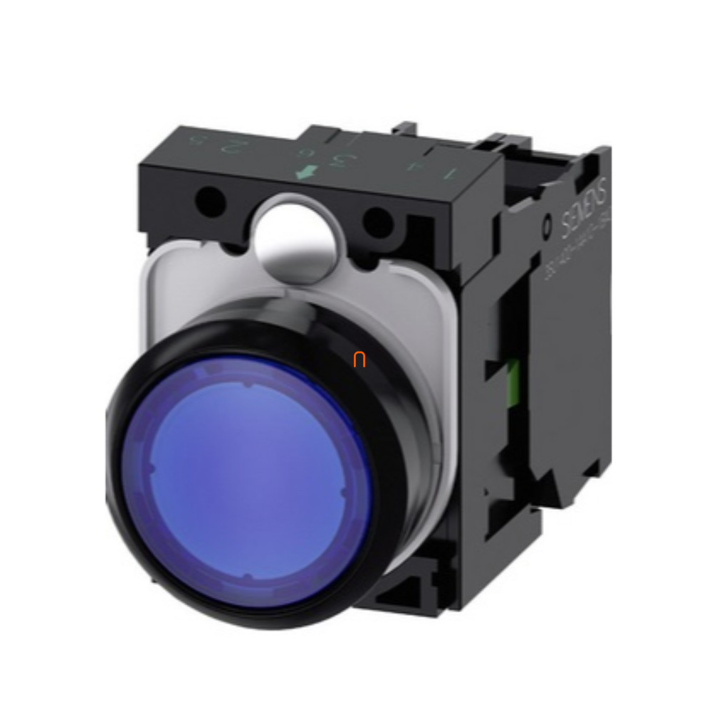 Siemens 3SU1106-0AB50-1BA0 komplett világító nyomógomb, kék, 230VAC, 1NO, csavaros Sirius