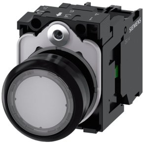   Siemens 3SU1106-0AB70-1BA0 komplett világító nyomógomb, átlátszó, 230VAC, 1NO, csavaros Sirius