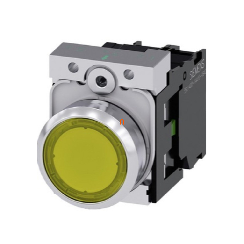 Siemens 3SU1156-0AB30-1BA0 komplett világító nyomógomb, sárga, 230VAC, 1NO, fém, csavaros Sirius