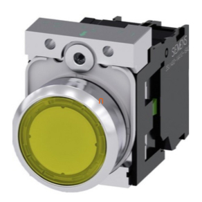   Siemens 3SU1156-0AB30-1BA0 komplett világító nyomógomb, sárga, 230VAC, 1NO, fém, csavaros Sirius