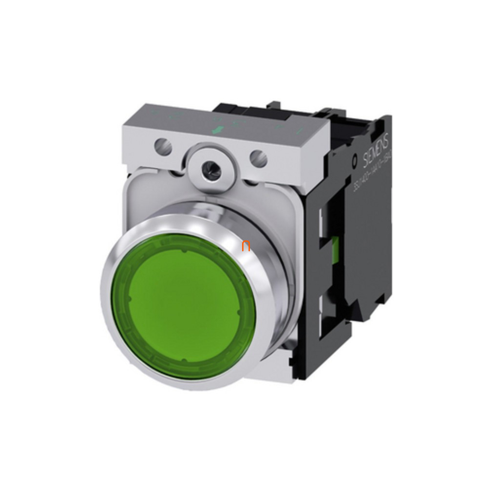 Siemens 3SU1156-0AB40-1BA0 komplett világító nyomógomb, zöld, 230VAC, 1NO, fém, csavaros Sirius