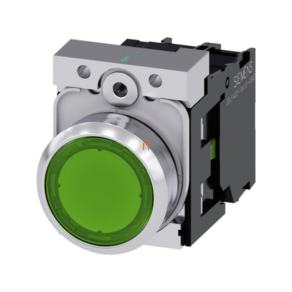   Siemens 3SU1156-0AB40-1BA0 komplett világító nyomógomb, zöld, 230VAC, 1NO, fém, csavaros Sirius