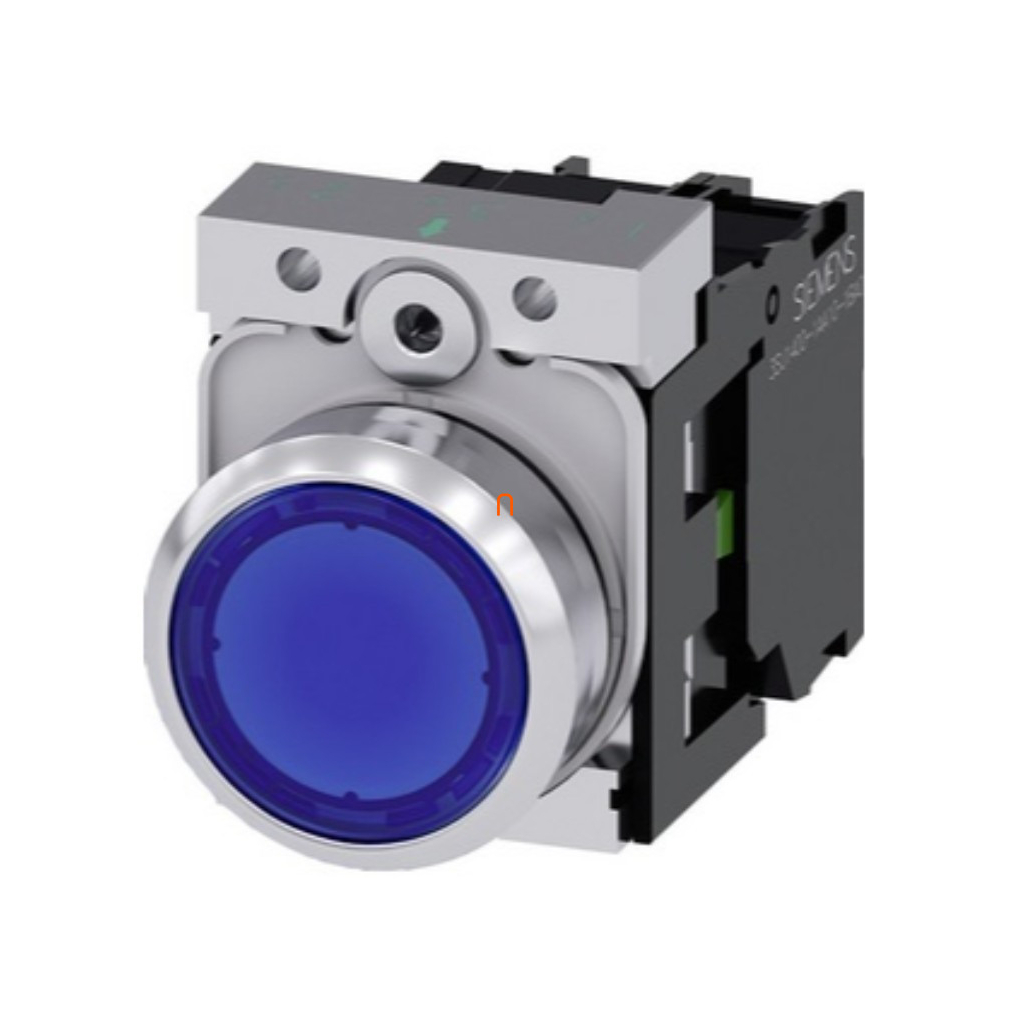 Siemens 3SU1156-0AB50-1BA0 komplett világító nyomógomb, kék, 230VAC, 1NO, fém, csavaros Sirius