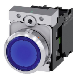   Siemens 3SU1156-0AB50-1BA0 komplett világító nyomógomb, kék, 230VAC, 1NO, fém, csavaros Sirius