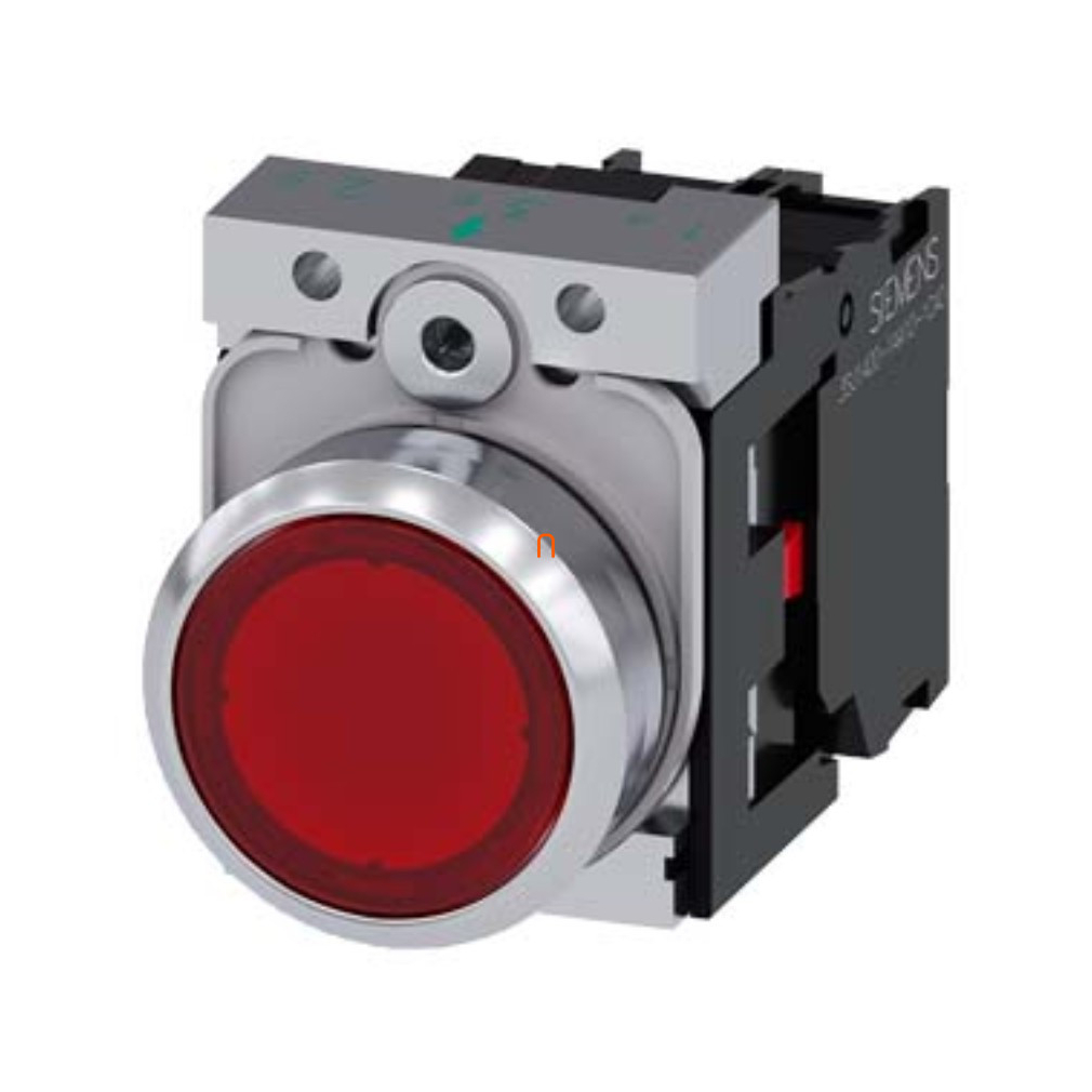 Siemens 3SU1156-0AB20-1CA0 komplett világító nyomógomb, piros, 230VAC, 1NC, fém, csavaros Sirius