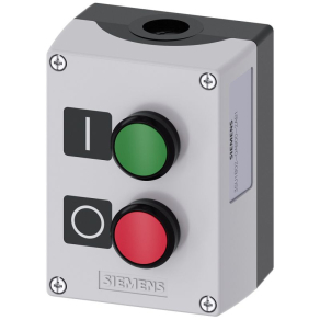   Siemens 3SU1802-0AB00-2AB1 nyomógomb tokozat, műanyag, zöld és piros nyomógombbal, címkével, 1NO+1NC, Sirius