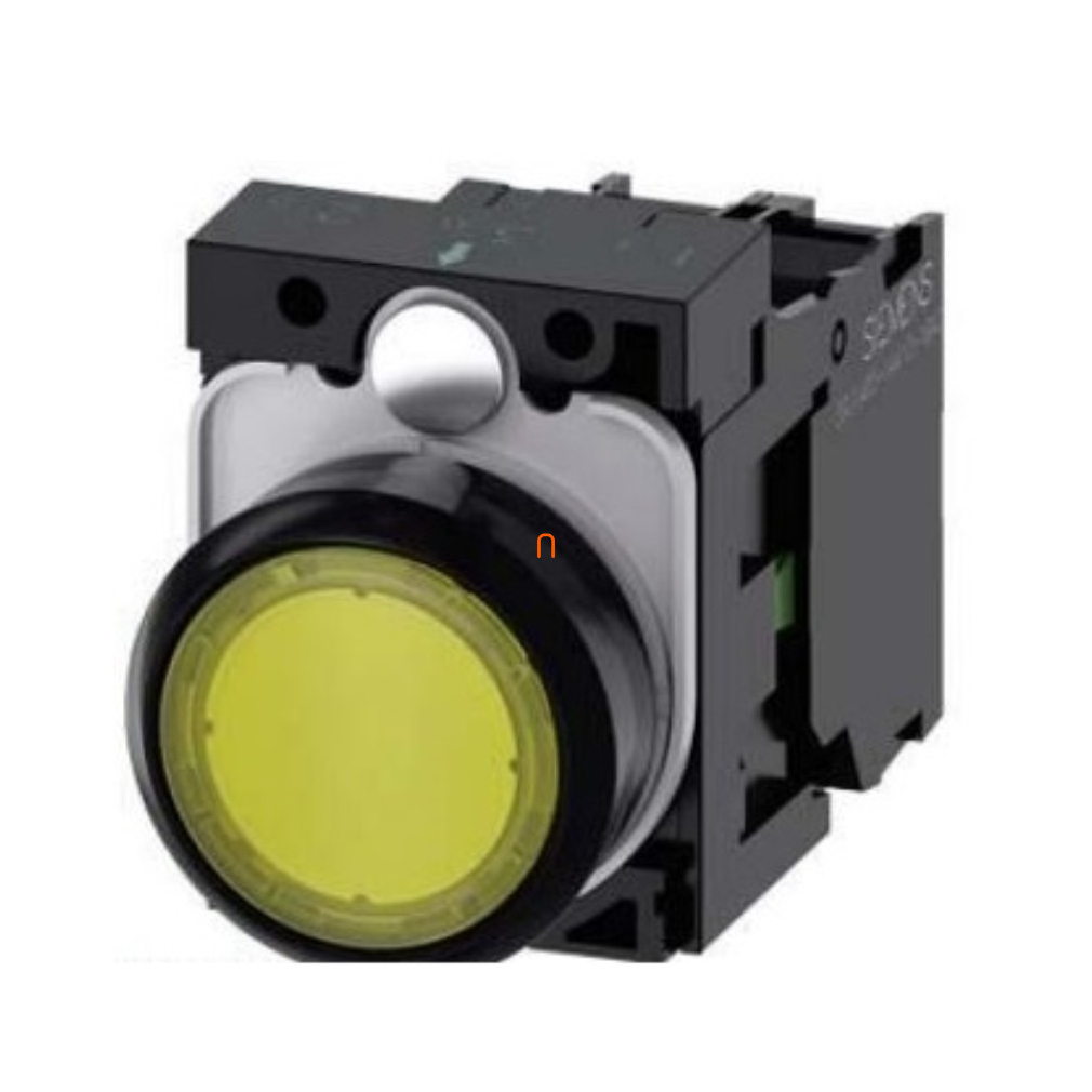 Siemens 3SU1106-0AB30-1BA0 komplett világító nyomógomb, sárga, 230VAC, 1NO, csavaros Sirius