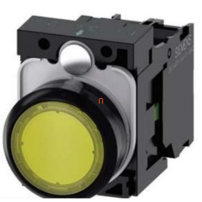   Siemens 3SU1106-0AB30-1BA0 komplett világító nyomógomb, sárga, 230VAC, 1NO, csavaros Sirius