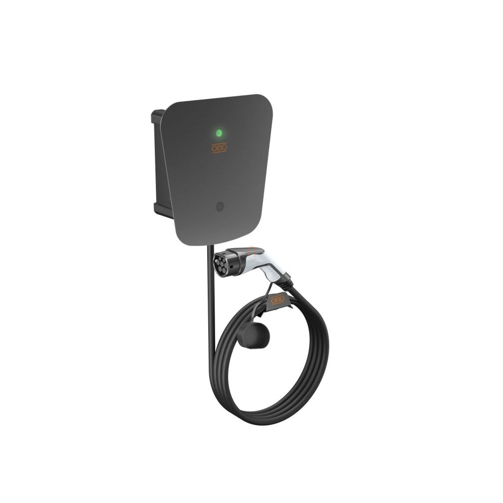 Fali elektromos autótöltő OBO WB AC BL 1xT2 csatlakozó kábellel, 22 kW, 3 fázisú, nyomógombos, IP66 6570020