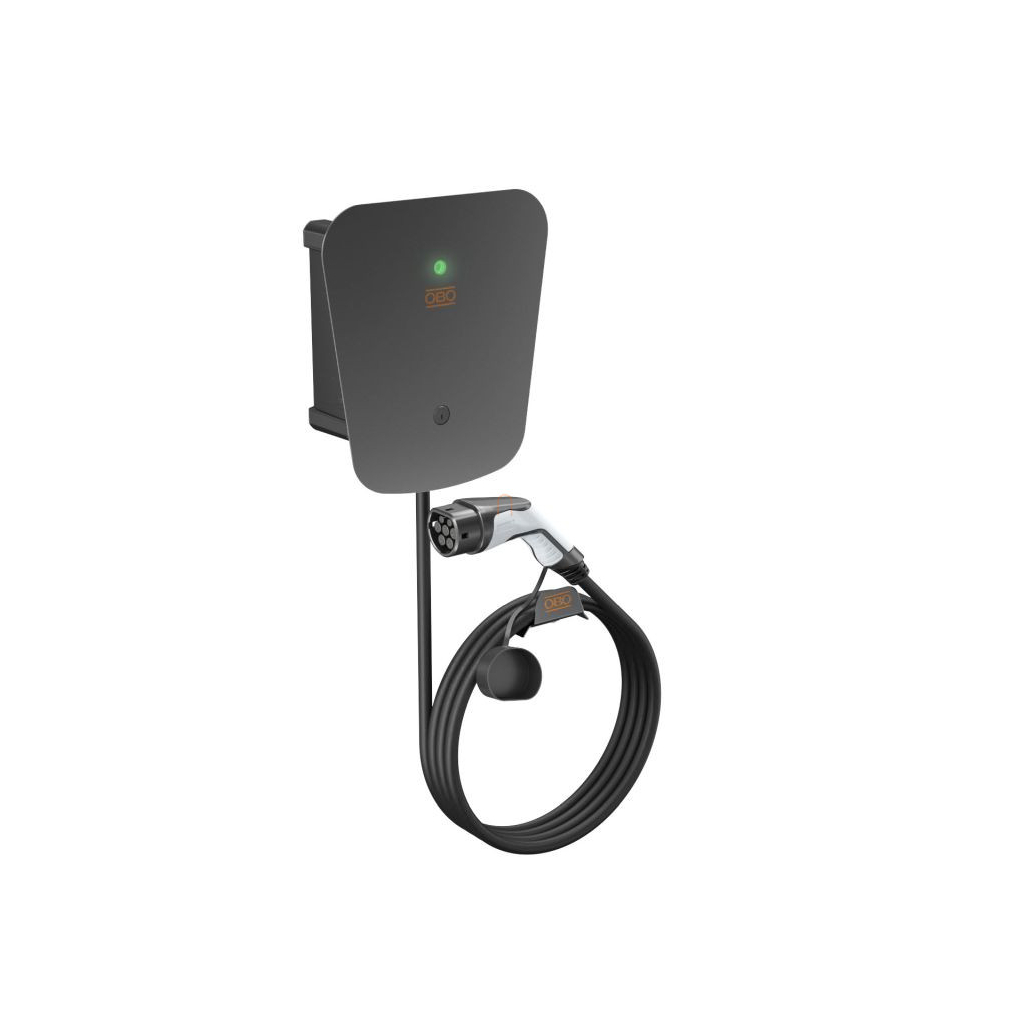 Fali elektromos autótöltő OBO WB AC BL KS 1xT2 csatlakozó kábellel, 22 kW, 3 fázisú, kulcsos, IP66 6570022